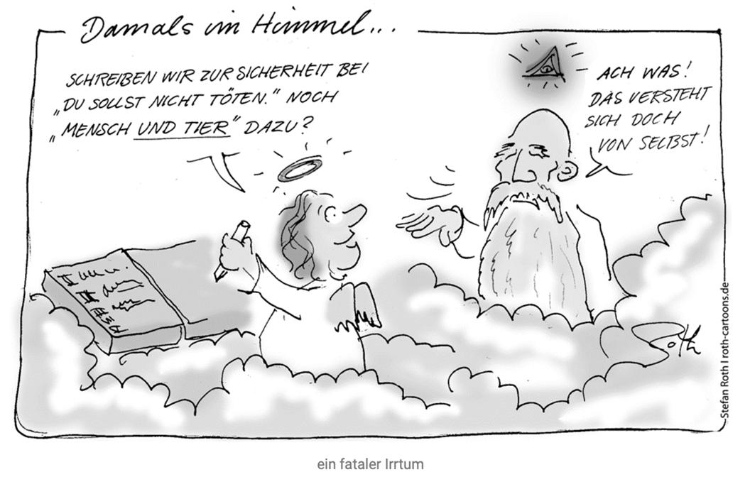 Cartoon: Engel und Gott in Wolken, Engel schreibt Gesetzestafel, Gott winkt ab.
